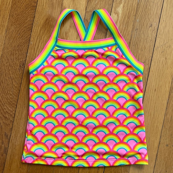 Land’s End Girls Size 5 Strappy Back Tankini Swimsuit Swim Top Neon Rainbows - Picture 6 of 6
